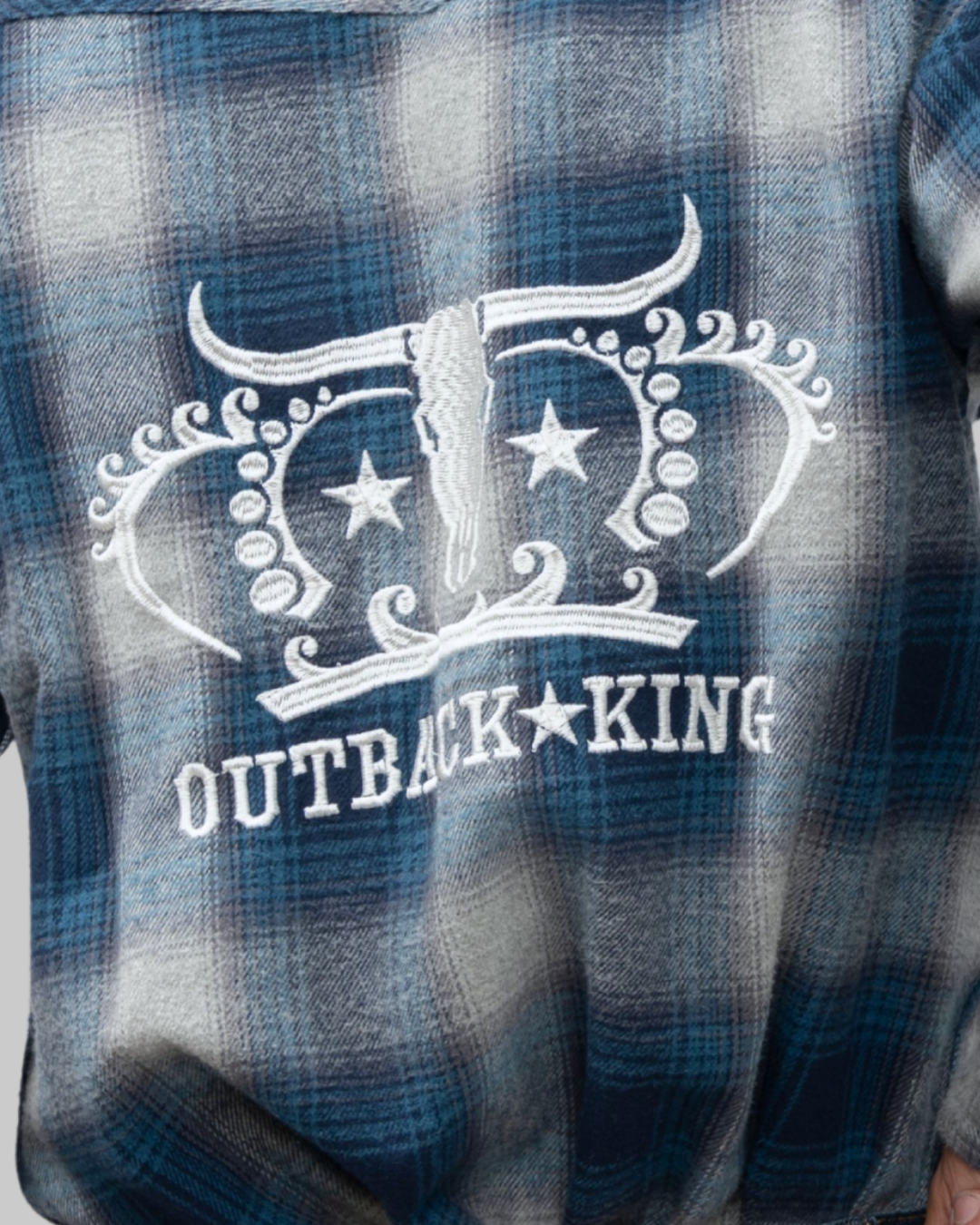 Outback King | Men's Legend Logo Shirt | LT Blue Navy Flannel Check