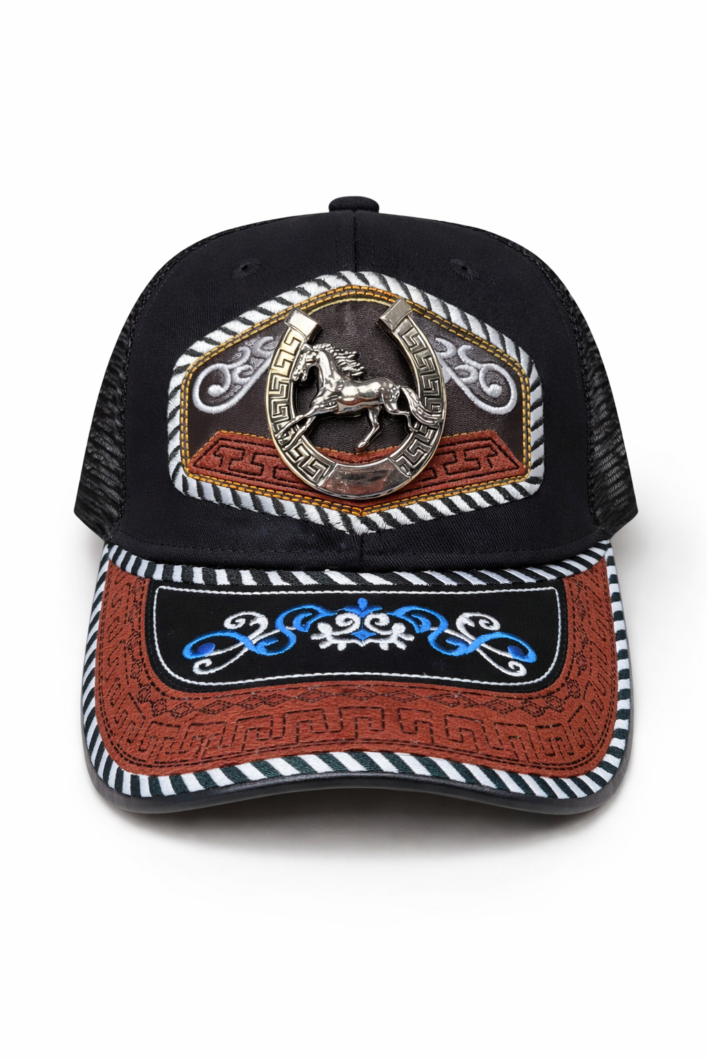 Outback King | Western Horseshoe Stallion Trucker Cap | Black & Indigo Embroidery