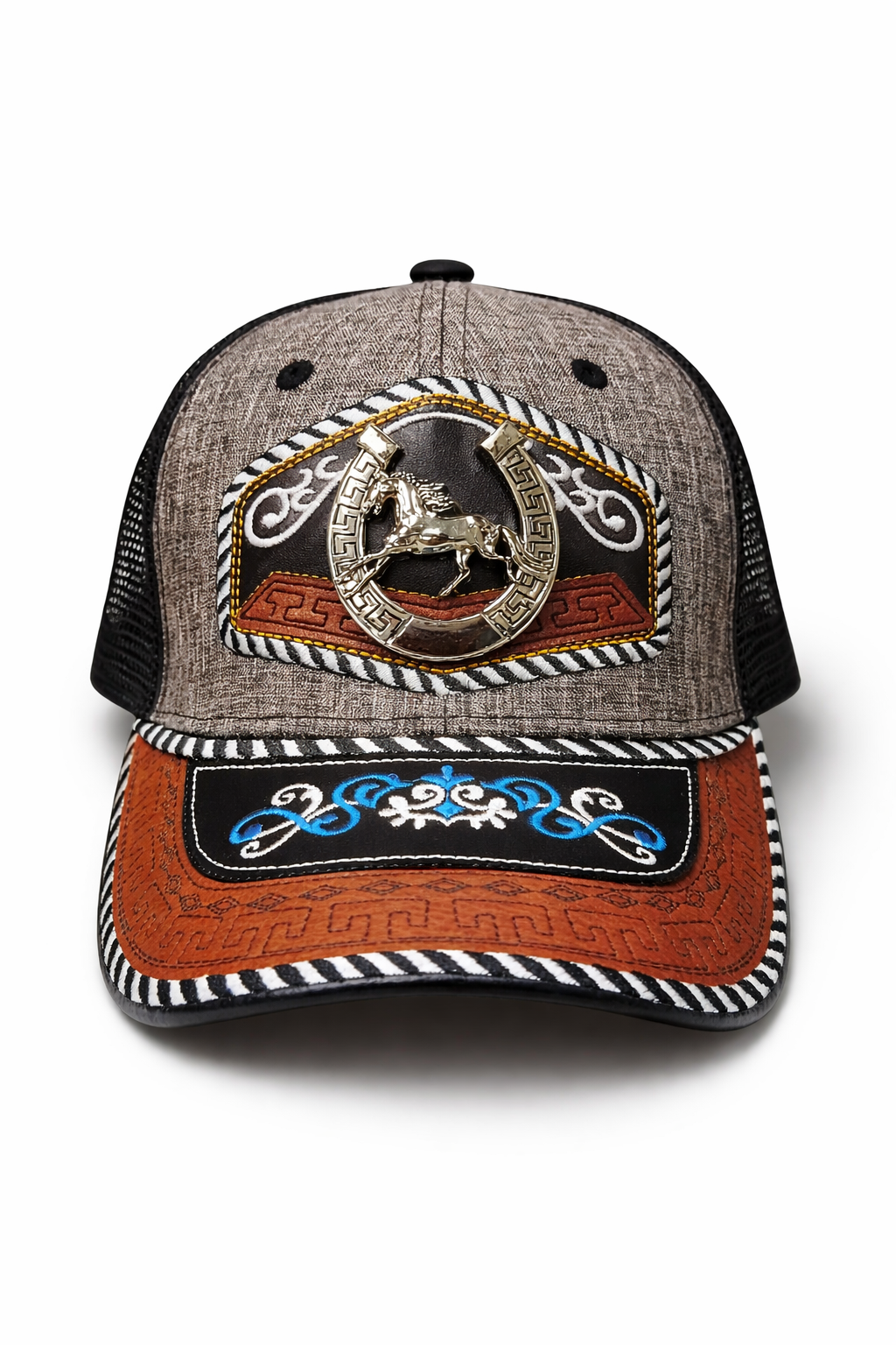 Outback King | Western Horseshoe Stallion Trucker Cap | Iron Grey & Indigo Embroidery