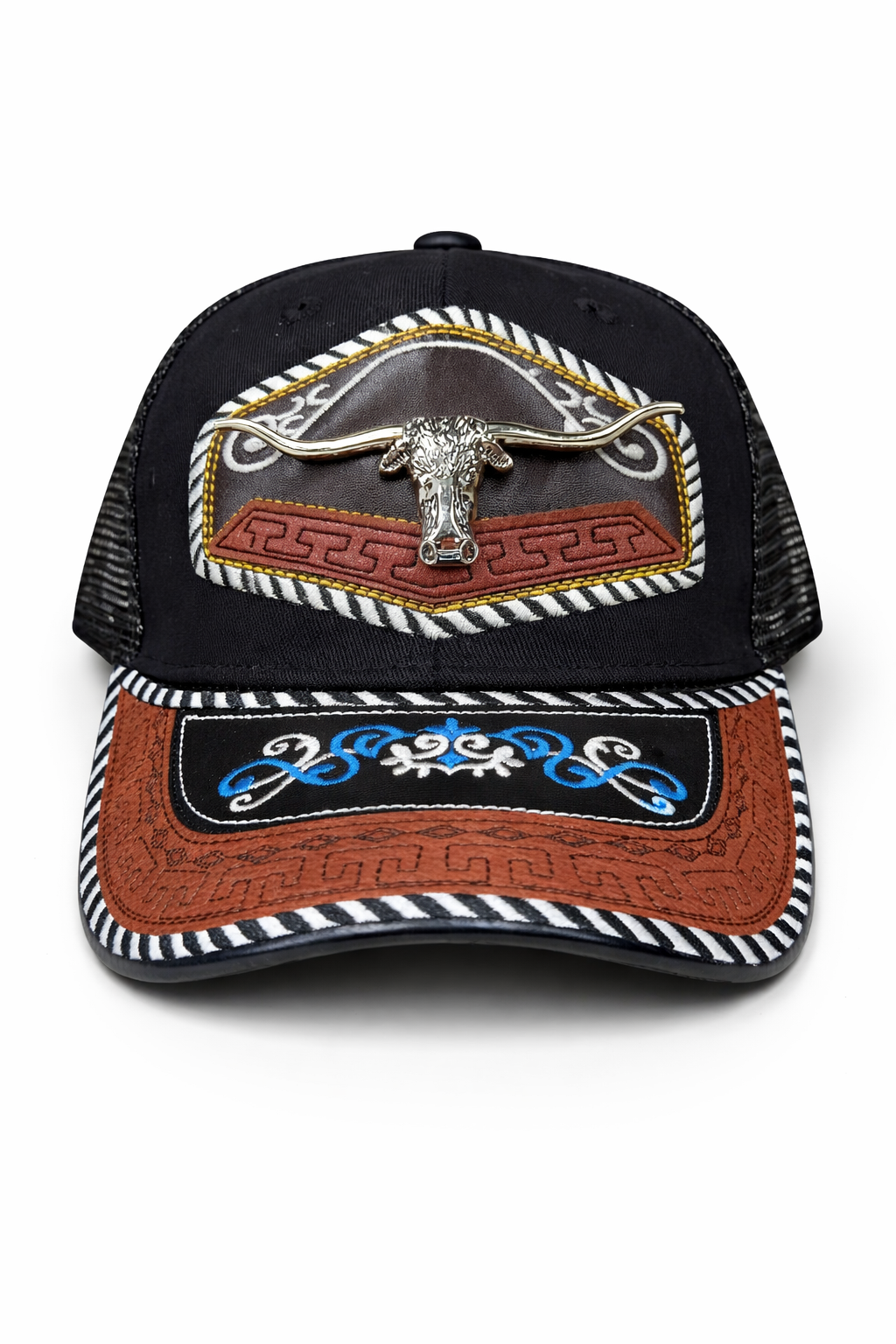 Outback King | Western Longhorn Trucker Cap | Black & Indigo Embroidery