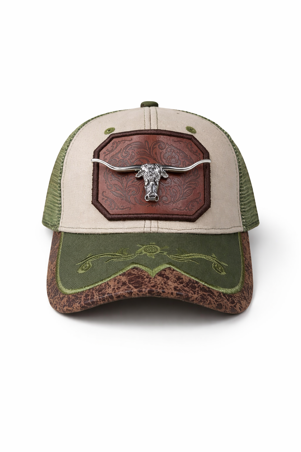 Outback King | Western Longhorn Trucker Cap | Sand & Olive Embroidery