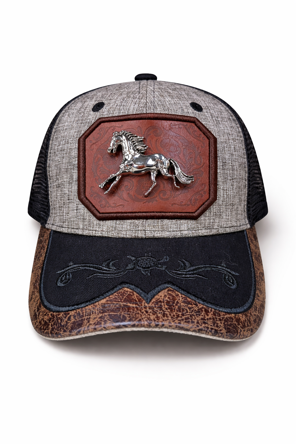 Outback King | Western Running Horse Trucker Cap | Iron Grey & Black Embroidery
