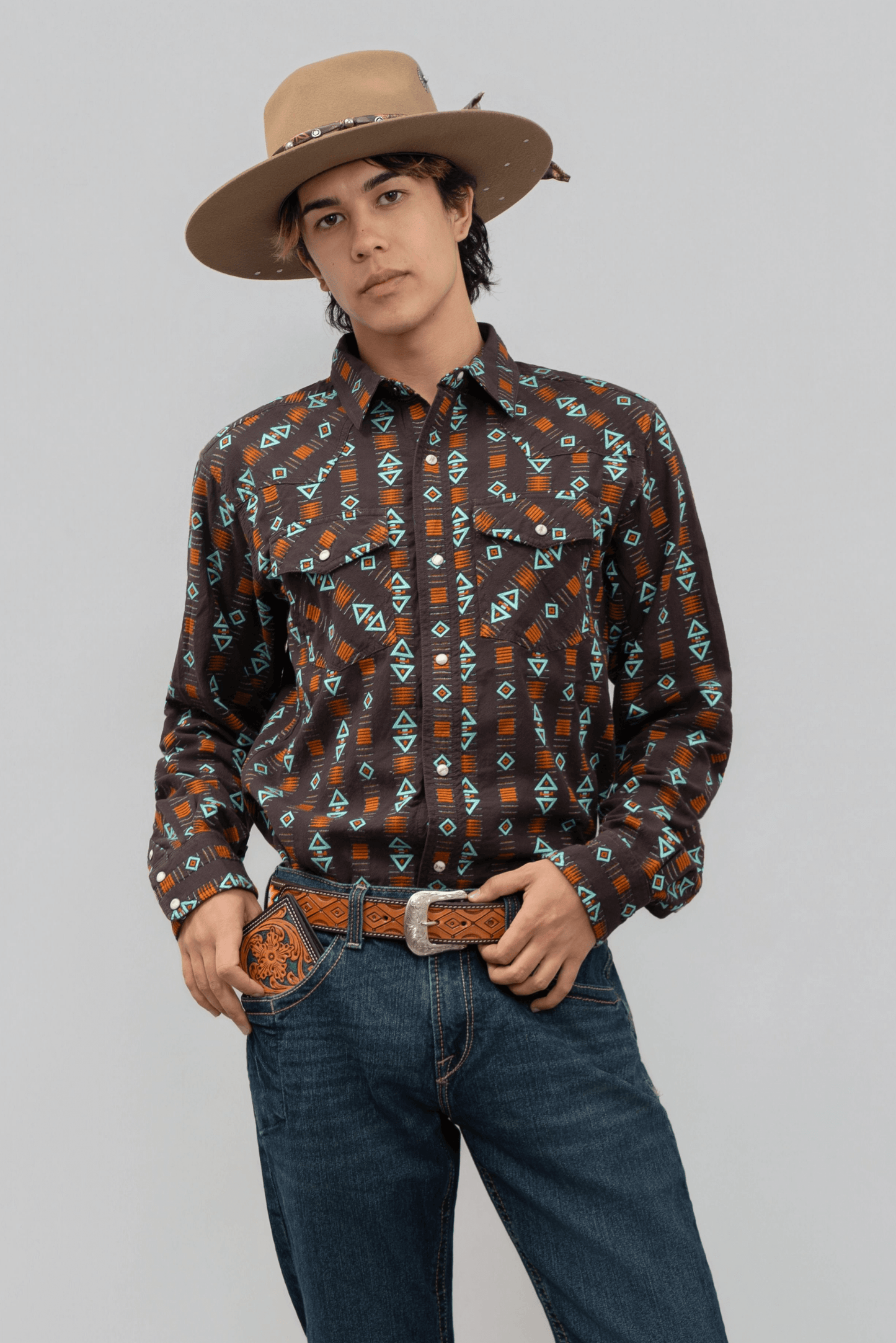 Outback King | Men's Frontier Shirt | Brown/Turquoise Directional
