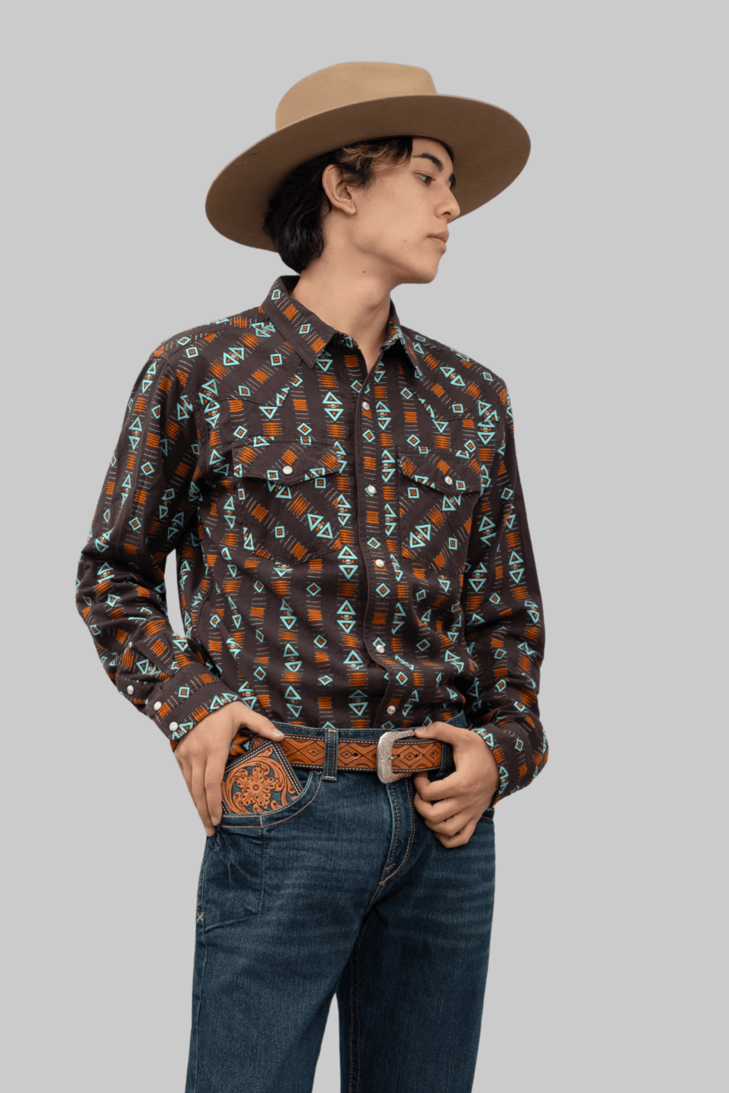 Outback King | Men's Frontier Shirt | Brown/Turquoise Directional