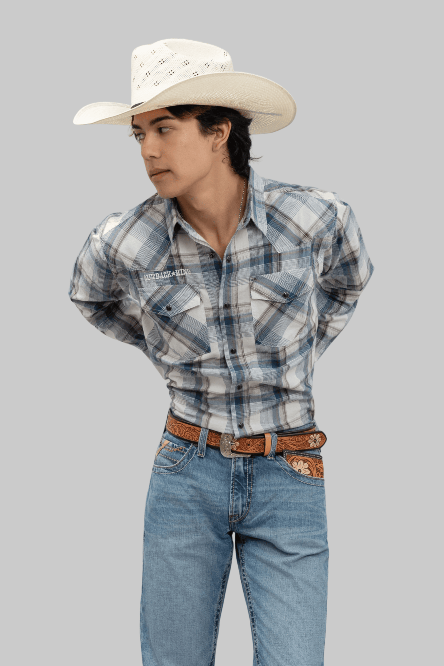 Outback King | Men's Legend Logo Shirt | LT Blue/Olive Check