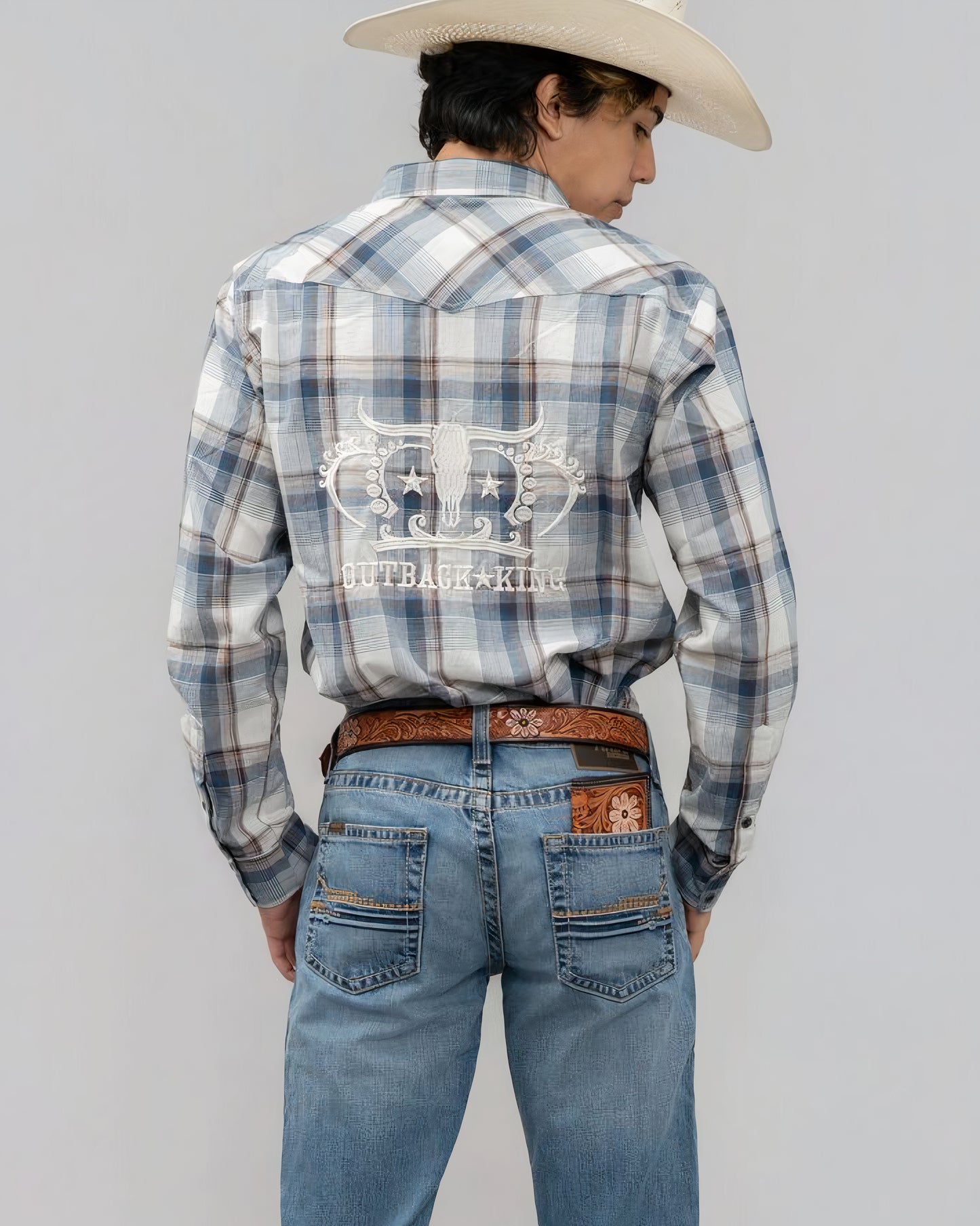 Outback King | Men's Legend Logo Shirt | LT Blue/Olive Check