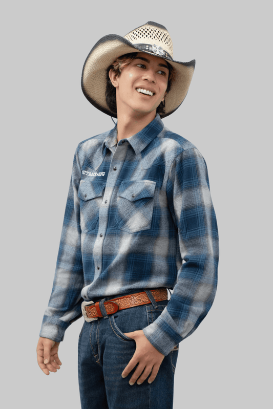 Outback King | Men's Legend Logo Shirt  | LT Blue Navy Flannel Check