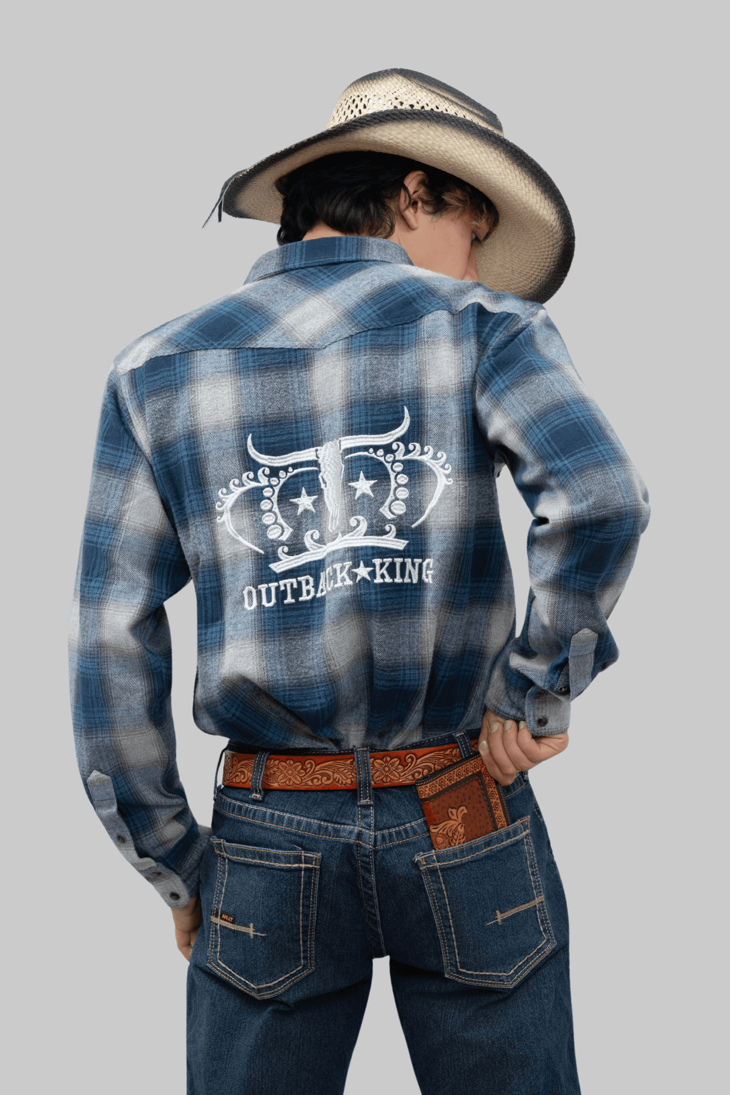 Outback King | Men's Legend Logo Shirt  | LT Blue Navy Flannel Check