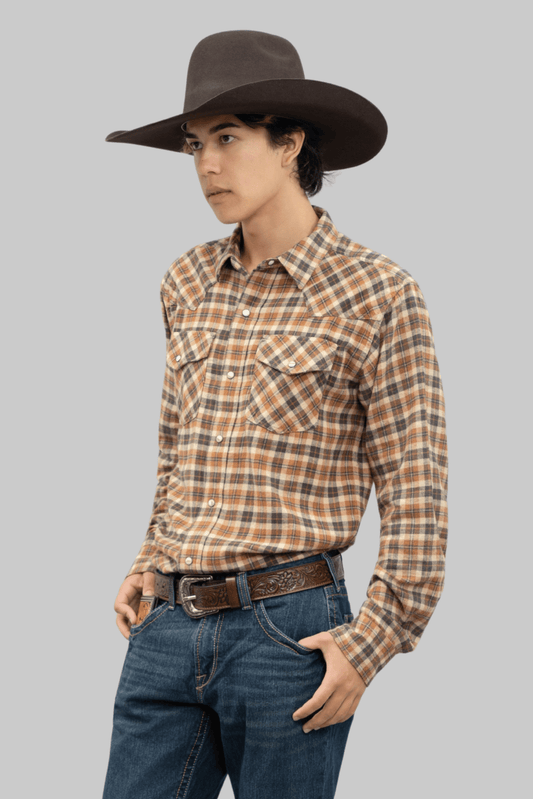 Outback King | Men's Frontier Shirt | Orange/Grey Check