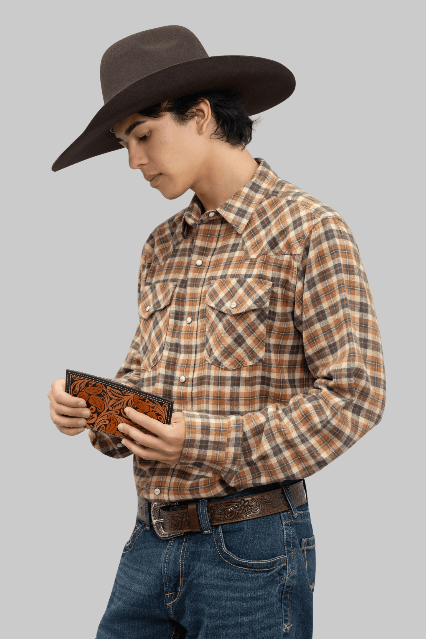 Outback King | Men's Frontier Shirt | Orange/Grey Check