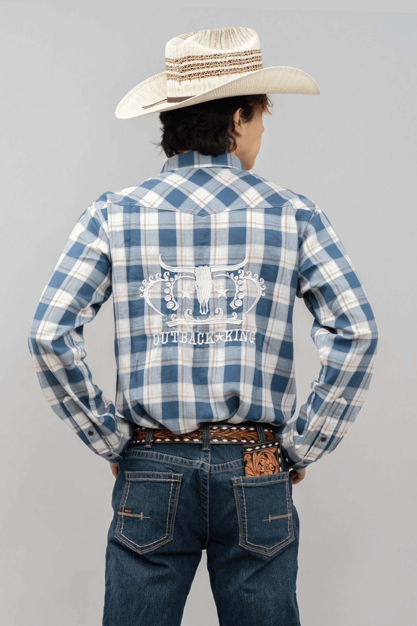 Outback King | Men's Legend Logo Shirt | Blue/Olive Check