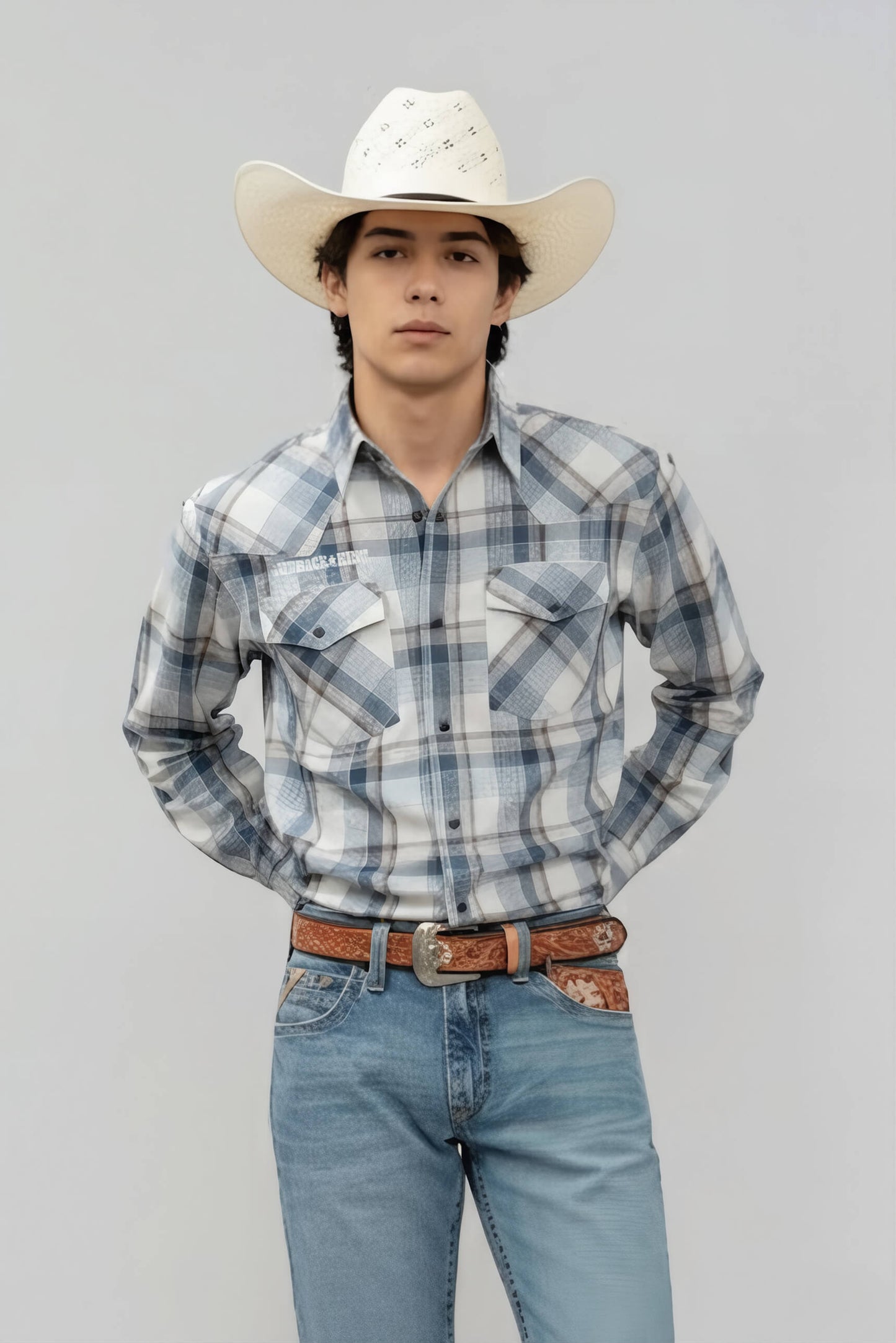 Outback King | Men's Legend Logo Shirt | LT Blue/Olive Check