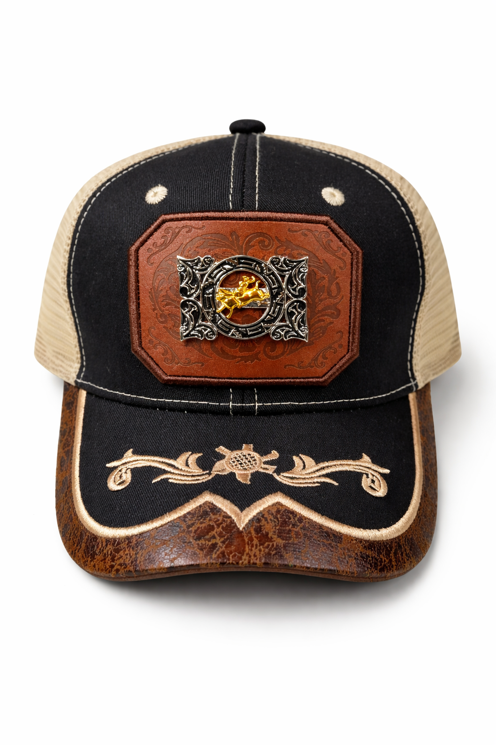 Outback King | Running Golden Horse Western Trucker Cap | Black & & Ivory Embroidery