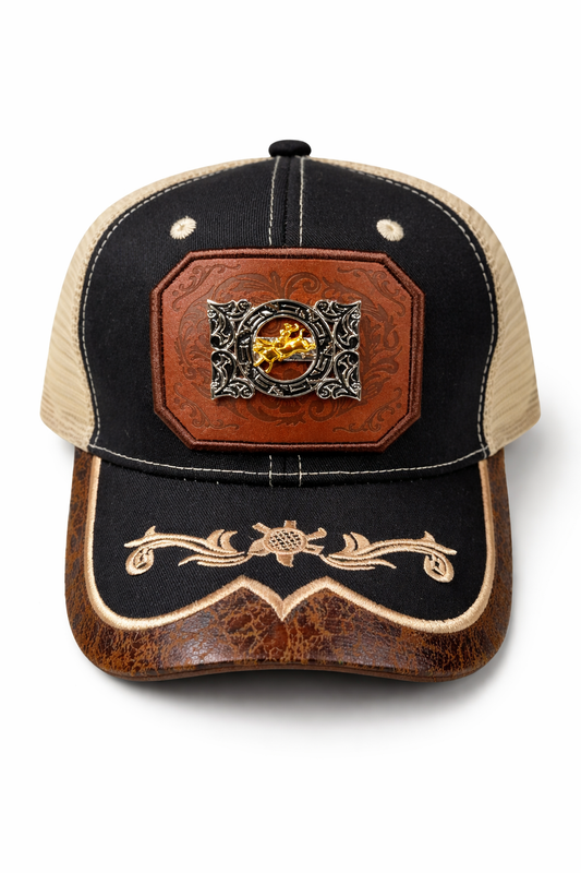 Outback King | Running Golden Horse Western Trucker Cap | Black & & Ivory Embroidery