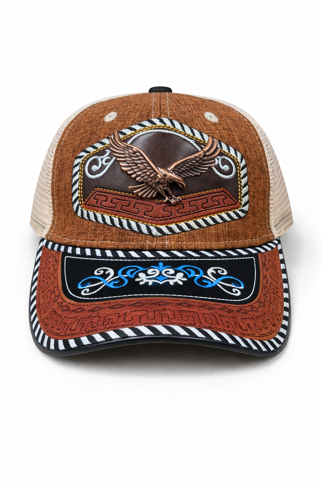 Outback King | Western Eagle Trucker Cap | Saddle Tan & Indigo Embroidery