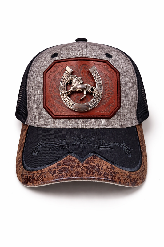 Outback King | Western Horseshoe Stallion Trucker Cap | Iron Grey & Black Embroidery