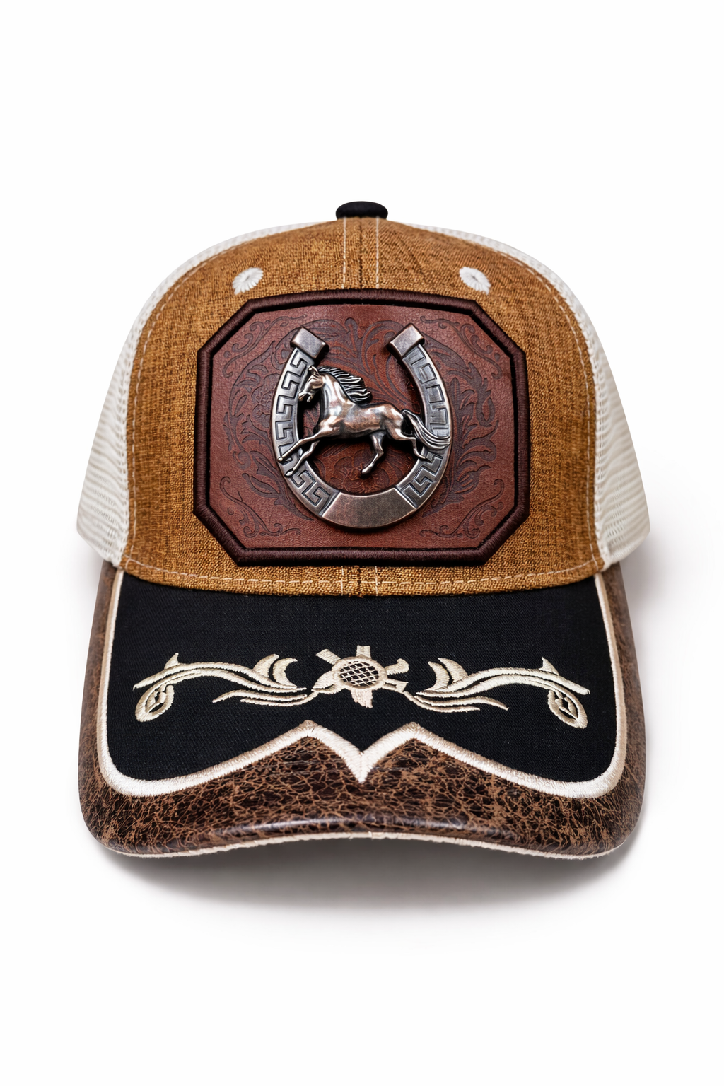 Outback King | Western Horseshoe Stallion Trucker Cap | Saddle Tan & Ivory Embroidery