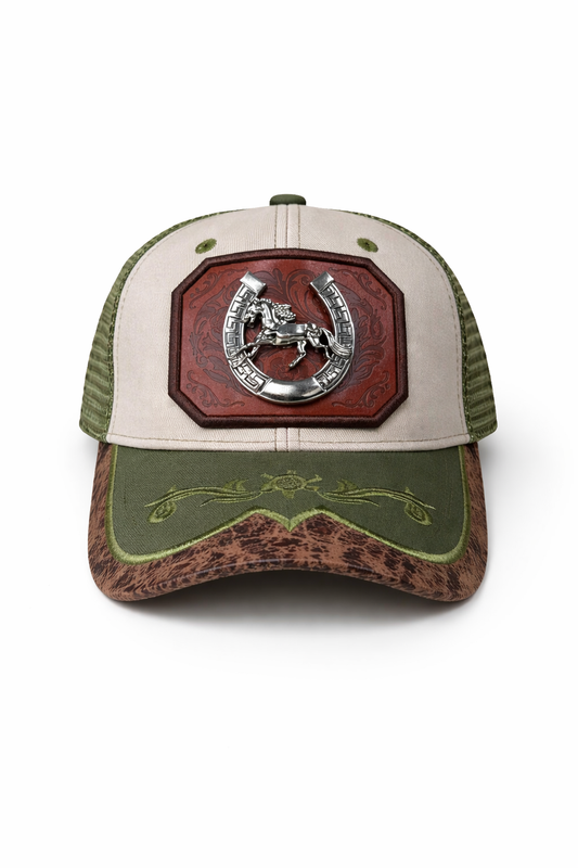 Outback King | Western Horseshoe Stallion Trucker Cap | Sand & Olive Embroidery