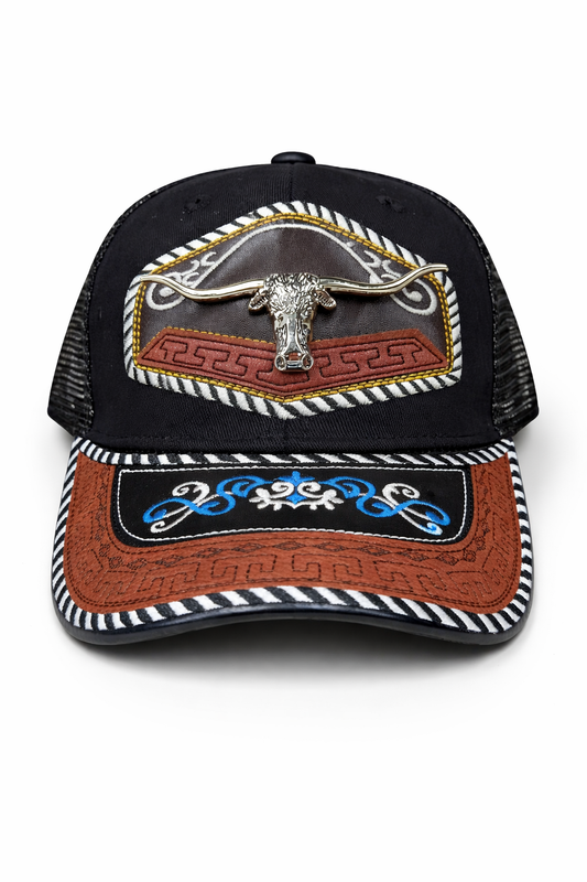 Outback King | Western Longhorn Trucker Cap | Black & Indigo Embroidery