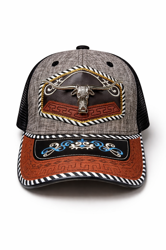 Outback King | Western Longhorn Trucker Cap | Iron Grey & Indigo Embroidery