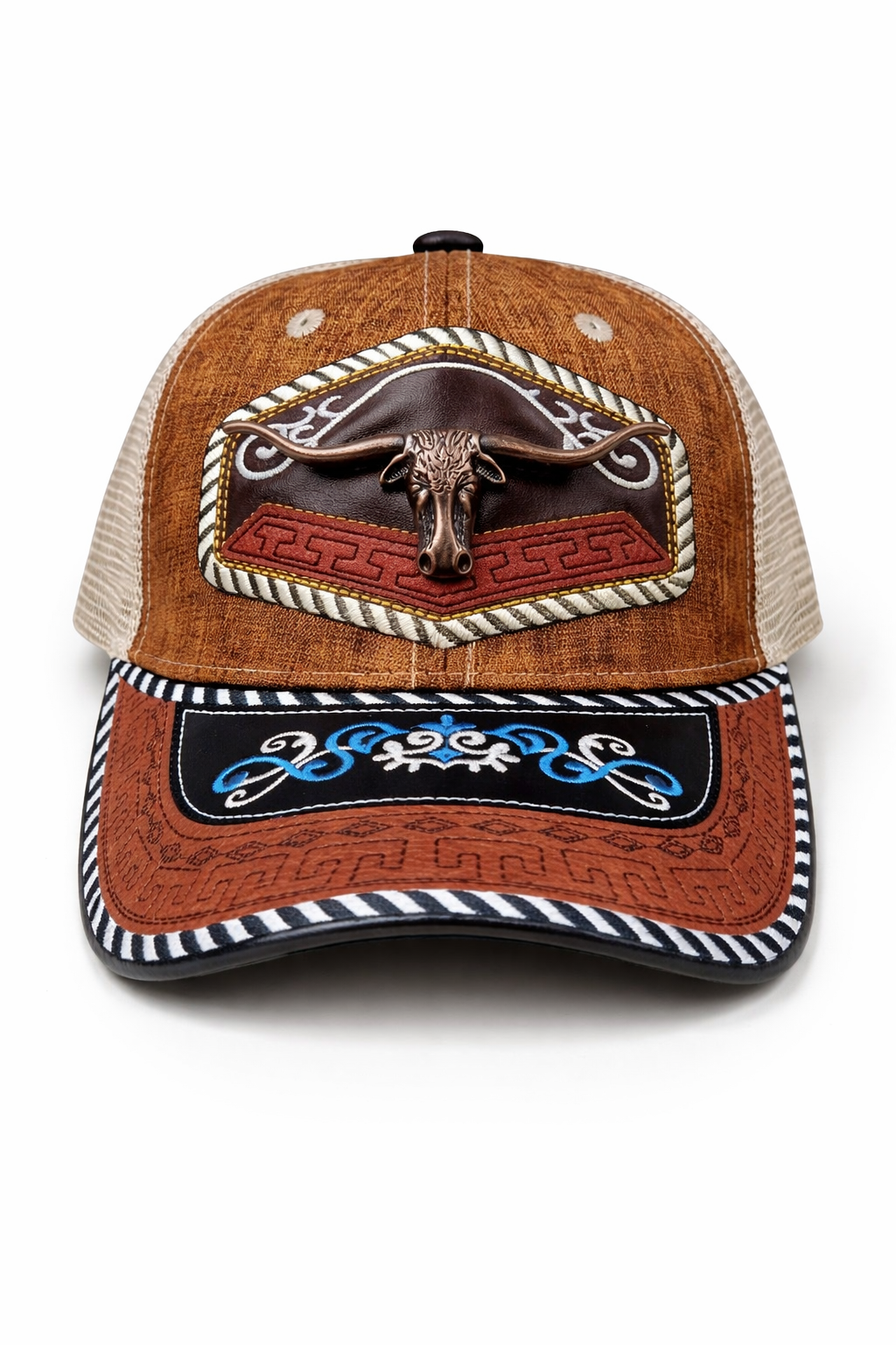 Outback King | Western Longhorn Trucker Cap | Saddle Tan & Indigo Embroidery