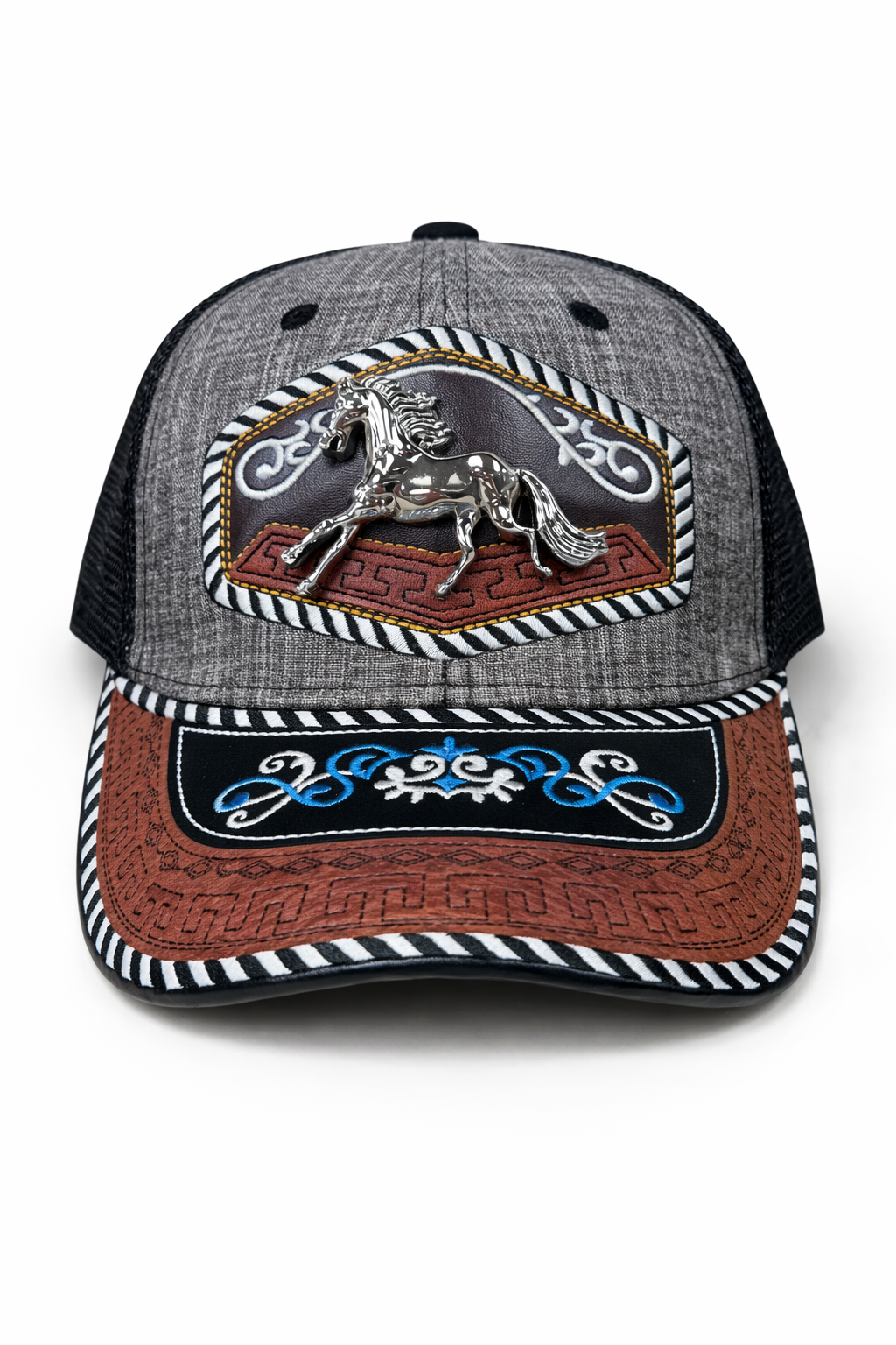 Outback King | Western Running Horse Trucker Cap | Iron Grey & Indigo Embroidery