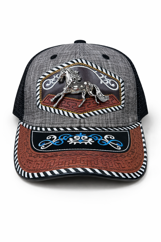 Outback King | Western Running Horse Trucker Cap | Iron Grey & Indigo Embroidery