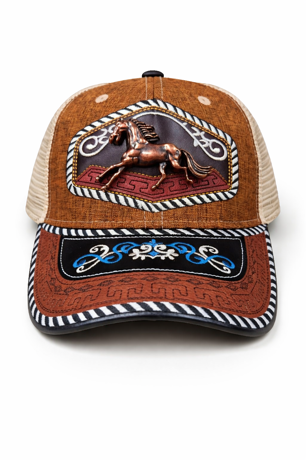 Outback King | Western Running Horse Trucker Cap | Saddle Tan & Indigo Embroidery