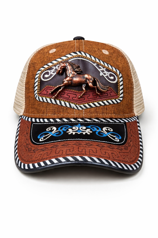 Outback King | Western Running Horse Trucker Cap | Saddle Tan & Indigo Embroidery